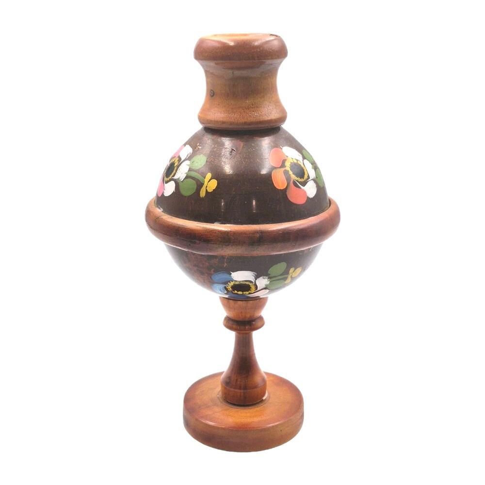 Folk Art Turned Wood Taper Candle Holder Handpainted Flowers 9.5" Tall